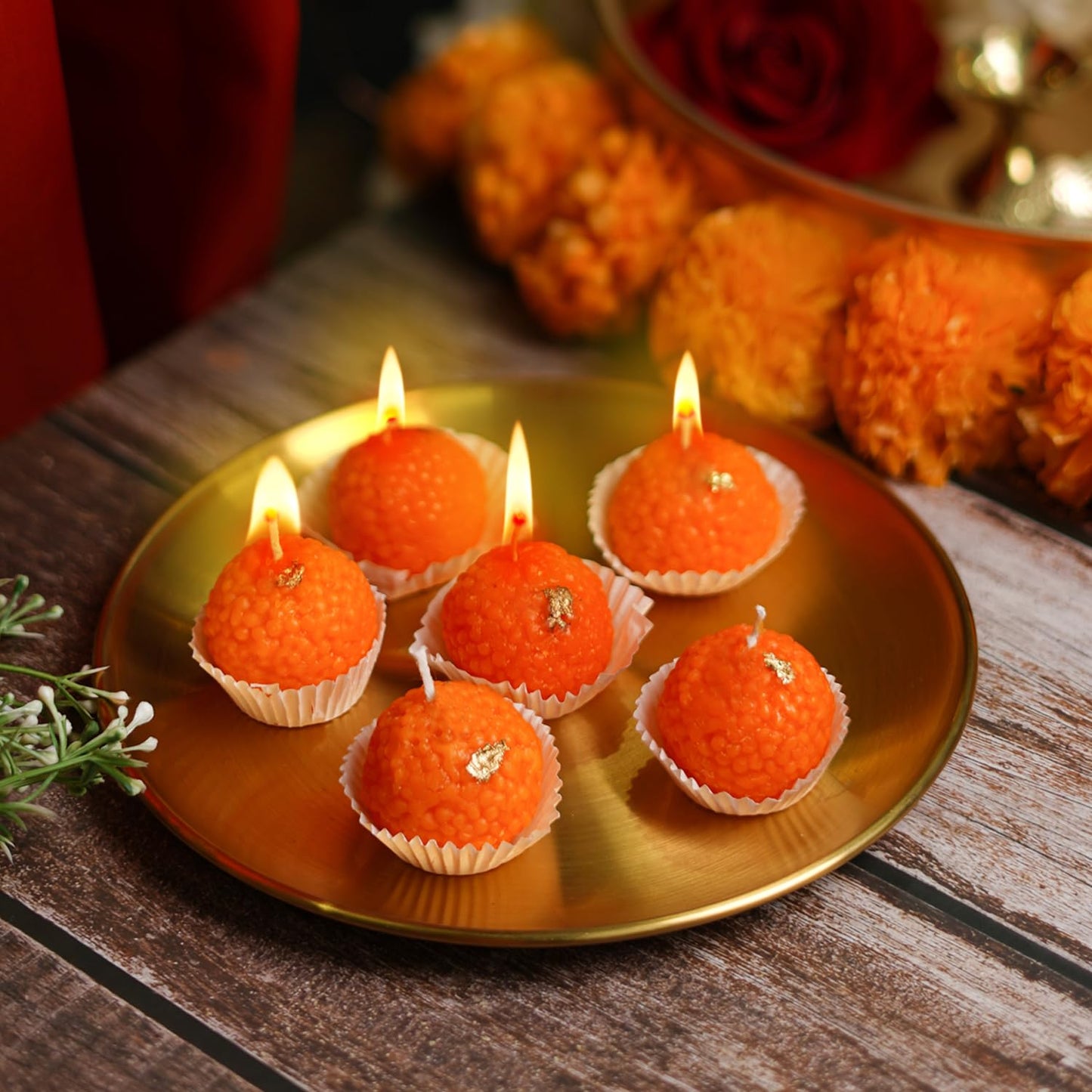 Set of 4 Motichoor Ladoo Shaped Candles for Home, Pooja & Gifting