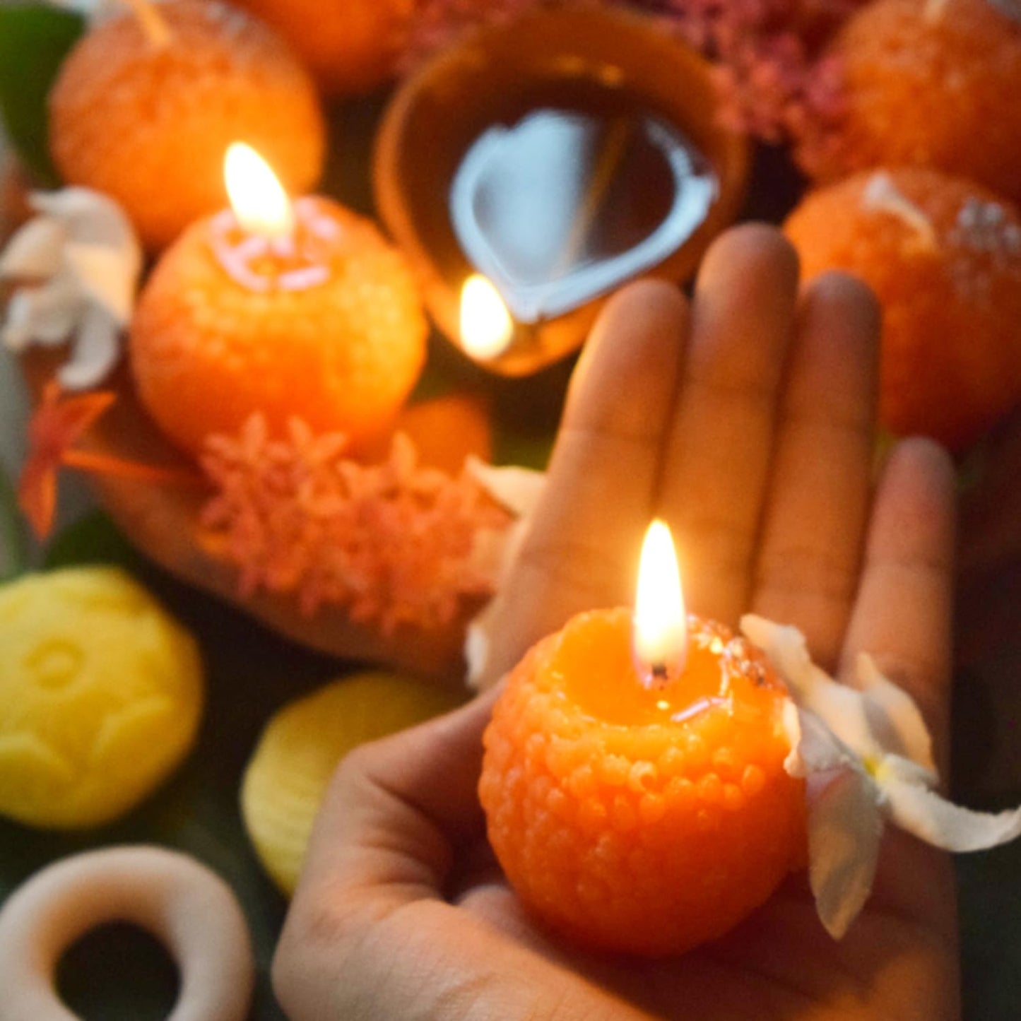 Set of 4 Motichoor Ladoo Shaped Candles for Home, Pooja & Gifting